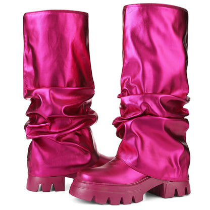 Women's Platform Knee High Boots Fashion Pleated Chunky High Heels Round Toe Fold Over Pull On Slouchy Shark Boots