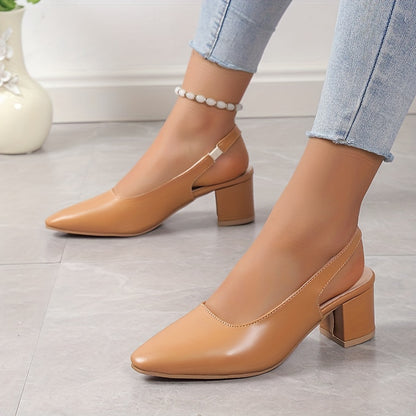Women's Chunky Heeled Sandals, Pointed Toe Sling Back Solid Color High Heels, Women's Footwear