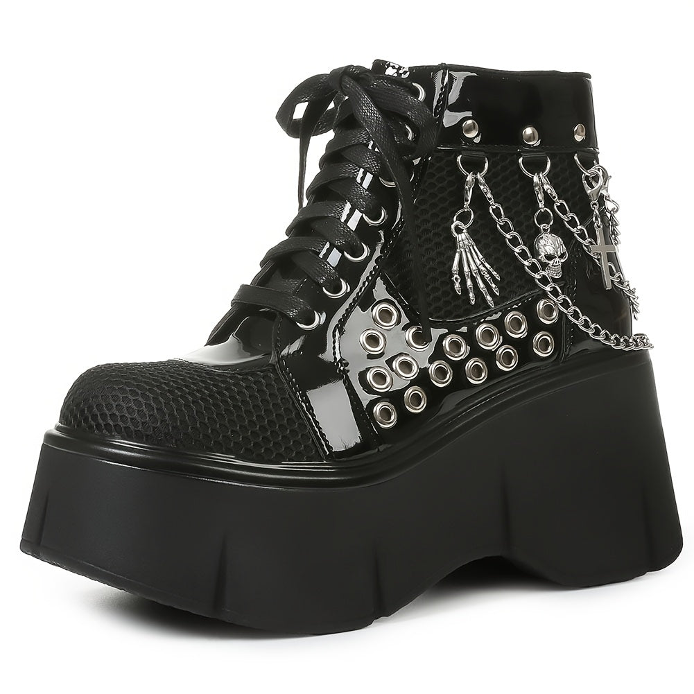 Women's Gothic Punk Ankle Boots with Chain Accents, Round Toe Platform Wedge Heels, Side Zipper & Shoelace Closure, Fashionable Cosplay Party Street Shoes, Ladies Dress Shoes
