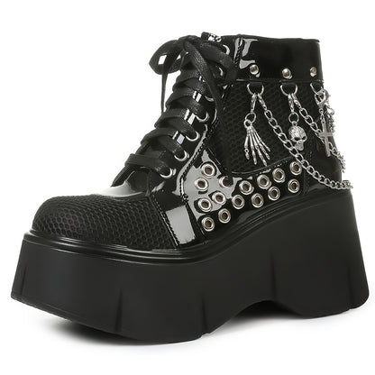 Women's Gothic Punk Ankle Boots with Chain Accents, Round Toe Platform Wedge Heels, Side Zipper & Shoelace Closure, Fashionable Cosplay Party Street Shoes, Ladies Dress Shoes