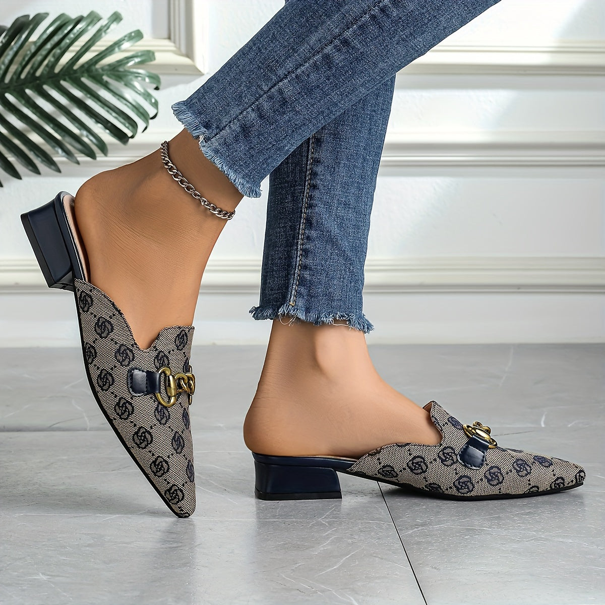 Women's Chain Decor Chunky Heel Sandals, Fashion Pointed Toe Dress Pumps, Stylish Slip On Heels