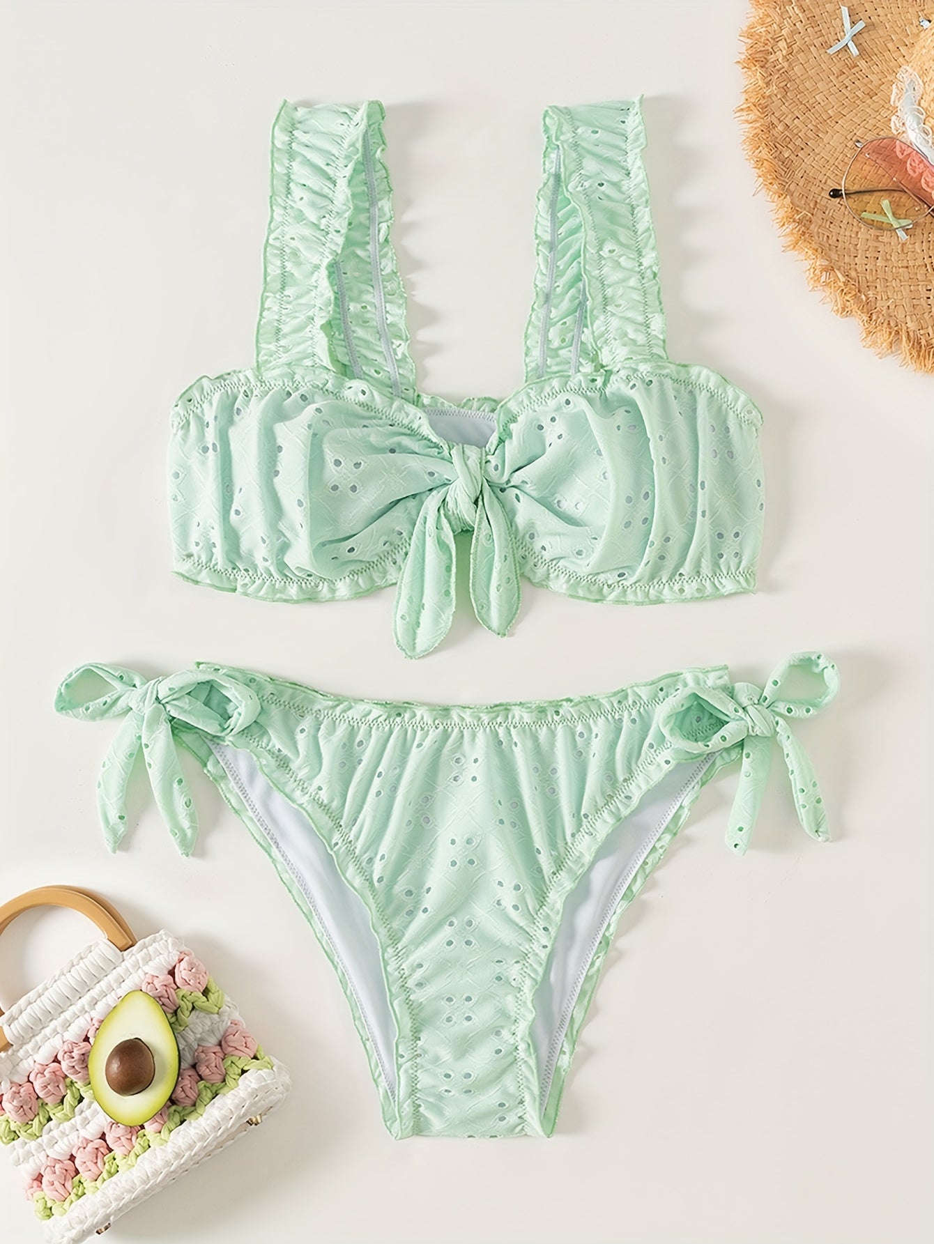 2 Piece Eyelet Embroidery Frill Stretchy Knot Bikini Set - Cute, Comfortable, and Chic Women's Swimwear with Plain White Color - Perfect for Beach, Pool, and Summer Vacation