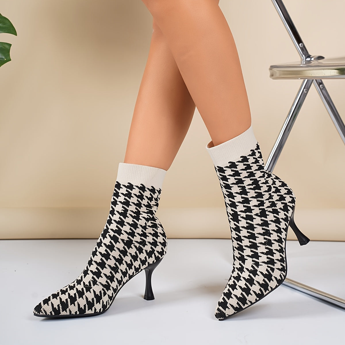 Women'S Elegant Houndstooth Sock Booties, Pointed Toe Stiletto High Heels, Slip-on Dress Boots for All Seasons, Comfortable Dress Footwear for Parties and Banquets