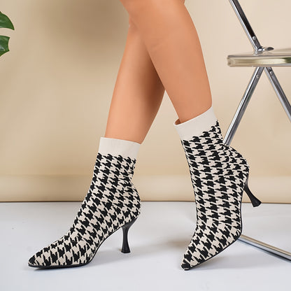 Women'S Elegant Houndstooth Sock Booties, Pointed Toe Stiletto High Heels, Slip-on Dress Boots for All Seasons, Comfortable Dress Footwear for Parties and Banquets