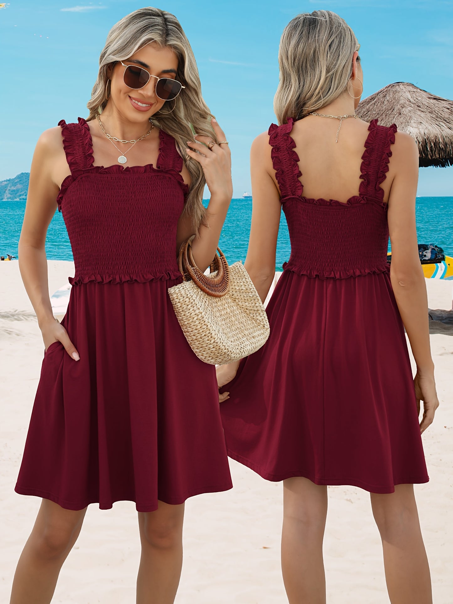 Women'S Smocked Mini Dress - Square Neck Sleeveless Summer Dress With Pockets, Flowy Beach Dress, Vacation Outfit, Spring & Summer Casual Dress