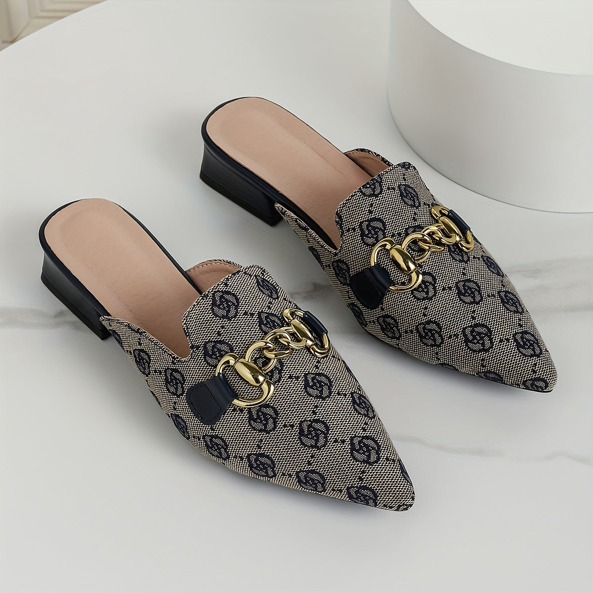 Women's Chain Decor Chunky Heel Sandals, Fashion Pointed Toe Dress Pumps, Stylish Slip On Heels