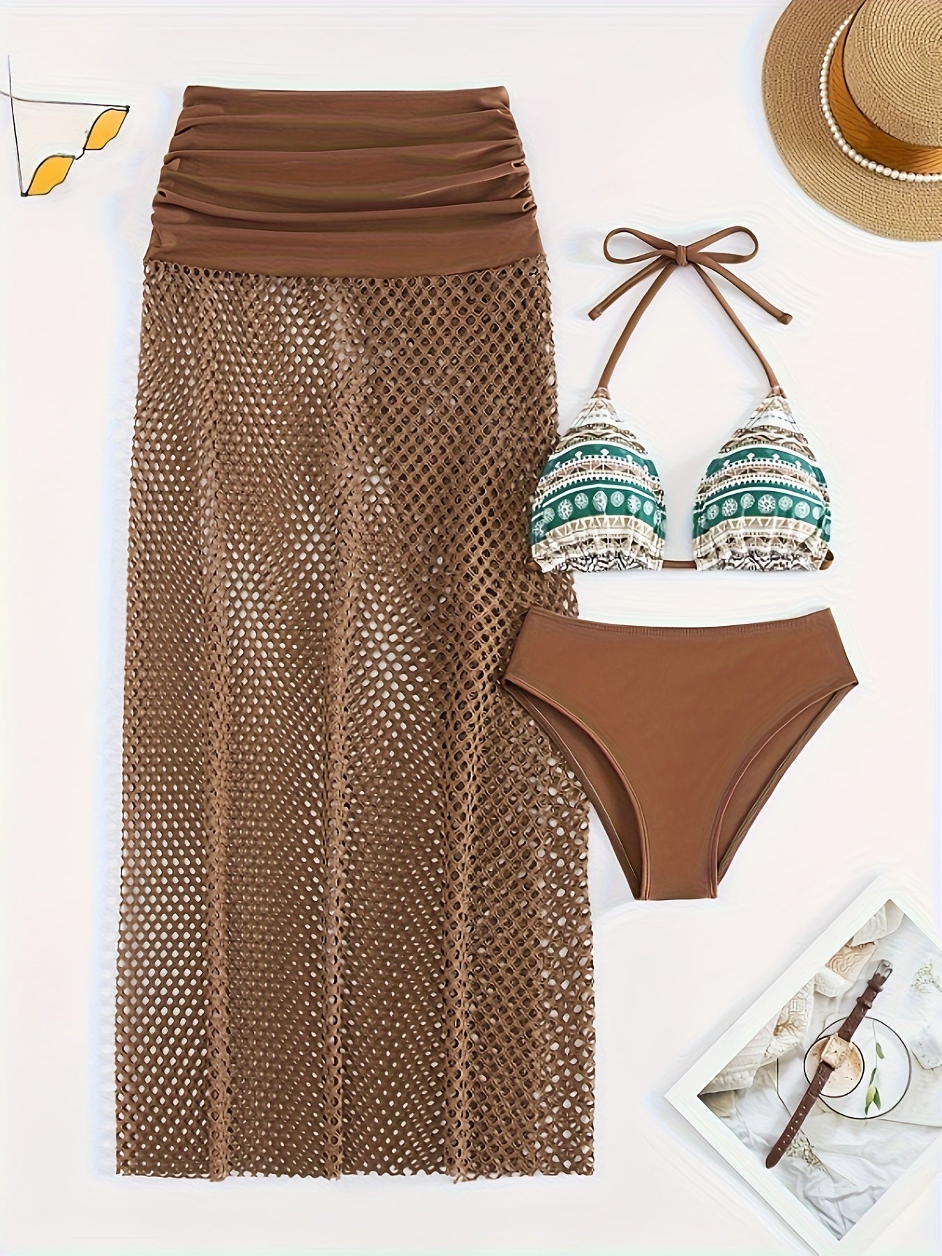 3 Piece Set Tribal Print Bikini - Halter Neck High Cut Swimsuit with Hollow Out Cover-Up Skirt, Women's Swimwear & Clothing for Beach Vacation