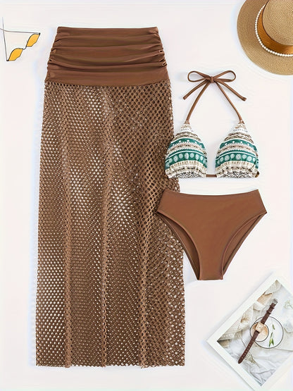 3 Piece Set Tribal Print Bikini - Halter Neck High Cut Swimsuit with Hollow Out Cover-Up Skirt, Women's Swimwear & Clothing for Beach Vacation