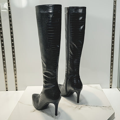 VIPMRSKING Women's Knee-High Boots - Sexy Glossy Croc-Embossed Stiletto Heels with Pointed Toe, Side Zipper Closure, Fabric Insole and Rubber Sole - Ultrahigh Heel Fashion Footwear from Huizhou