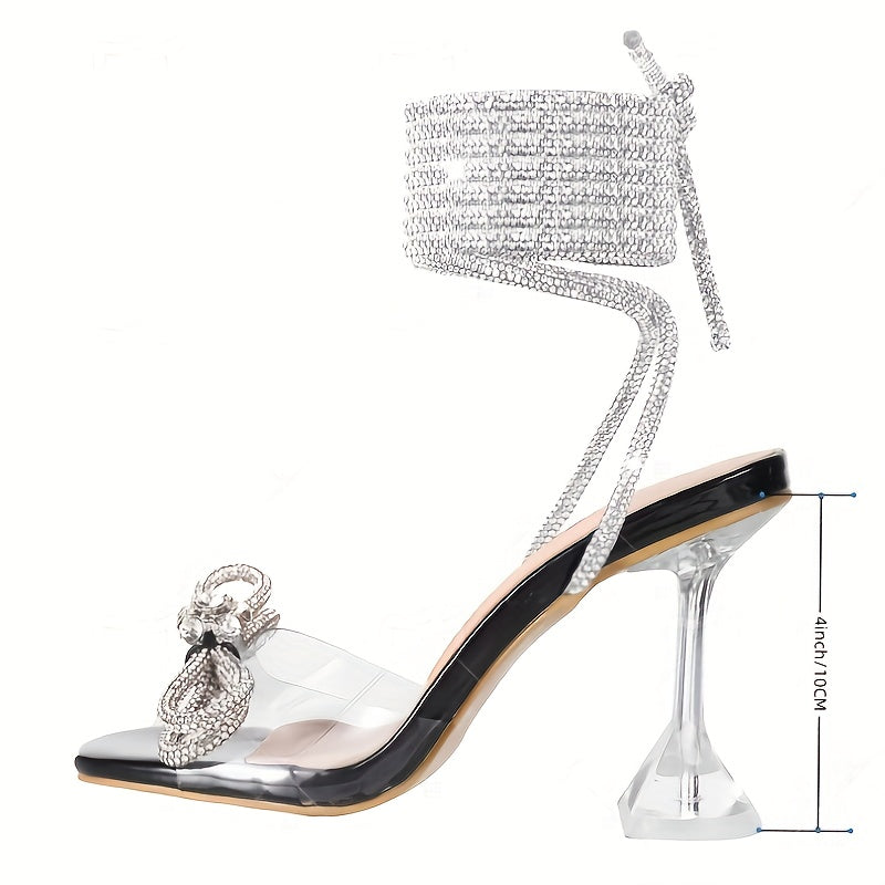 Women's Square Toe Clear Heels Sexy Rhinestone Bow Heels Open Toe Ankle Strap Stiletto High Heel Sandals - For Women - Perfect for Parties & Night Out - Ideal Gift for Fashionistas