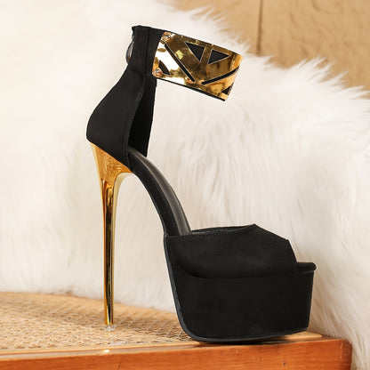 Glamorous Golden Sequin Open-Toe Stiletto Sandals for Women - Fashionable High Heels with Ankle Strap, Non-Washable Velvet Upper & Rubber Sole