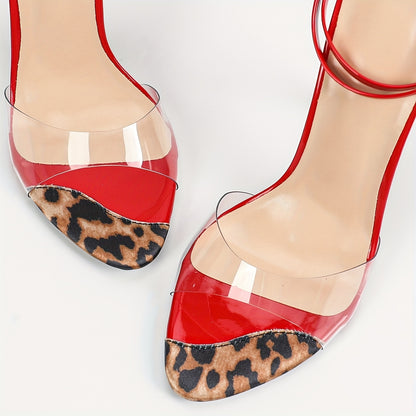 Women'S Round Toe Leopard Print Transparent Glass Glue One-Strap Ankle Wrap Stiletto Heels, Sexy Fashion Party Red High Heels