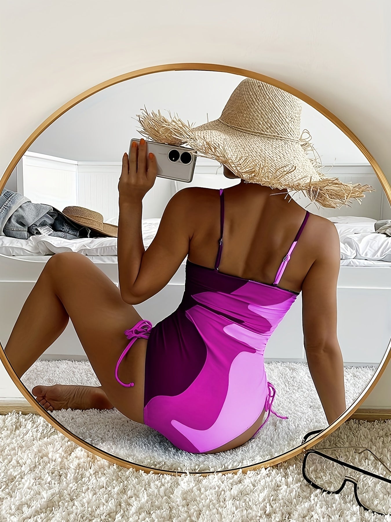 Blue Color Block Drawstring One-piece Swimsuit, Spaghetti Strap High Stretch Bathing Suits, Women's Swimwear & Clothing