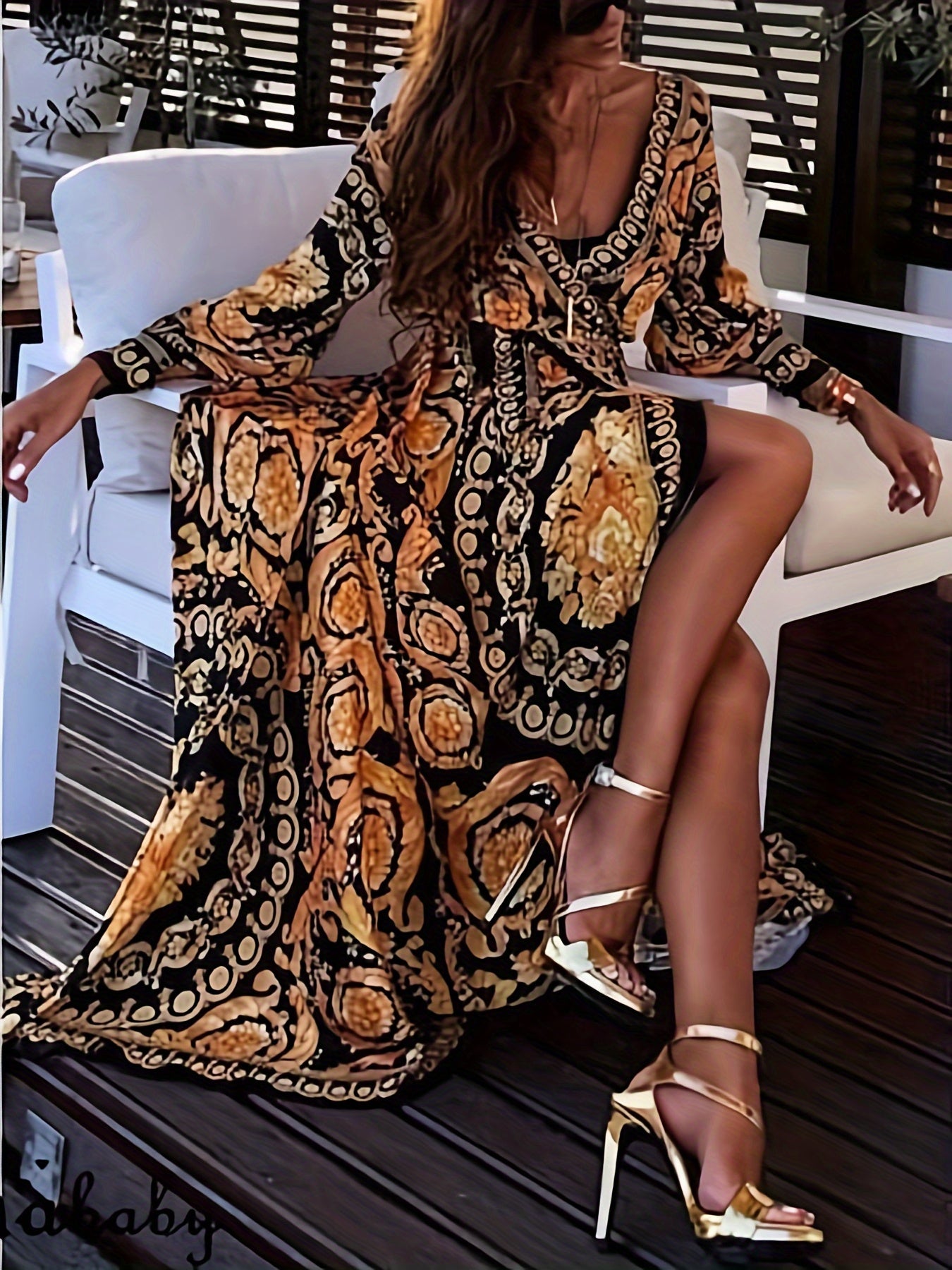 Women Bohemia Dress - Long Sleeve Deep V-Neck Outfit, High Split Waist Design Long Summer Dress for Beach, Vacation -  Lightweight & Flowy Fabric - Perfect for Summer Vacations & Beach Trips - Ideal Gift for Women