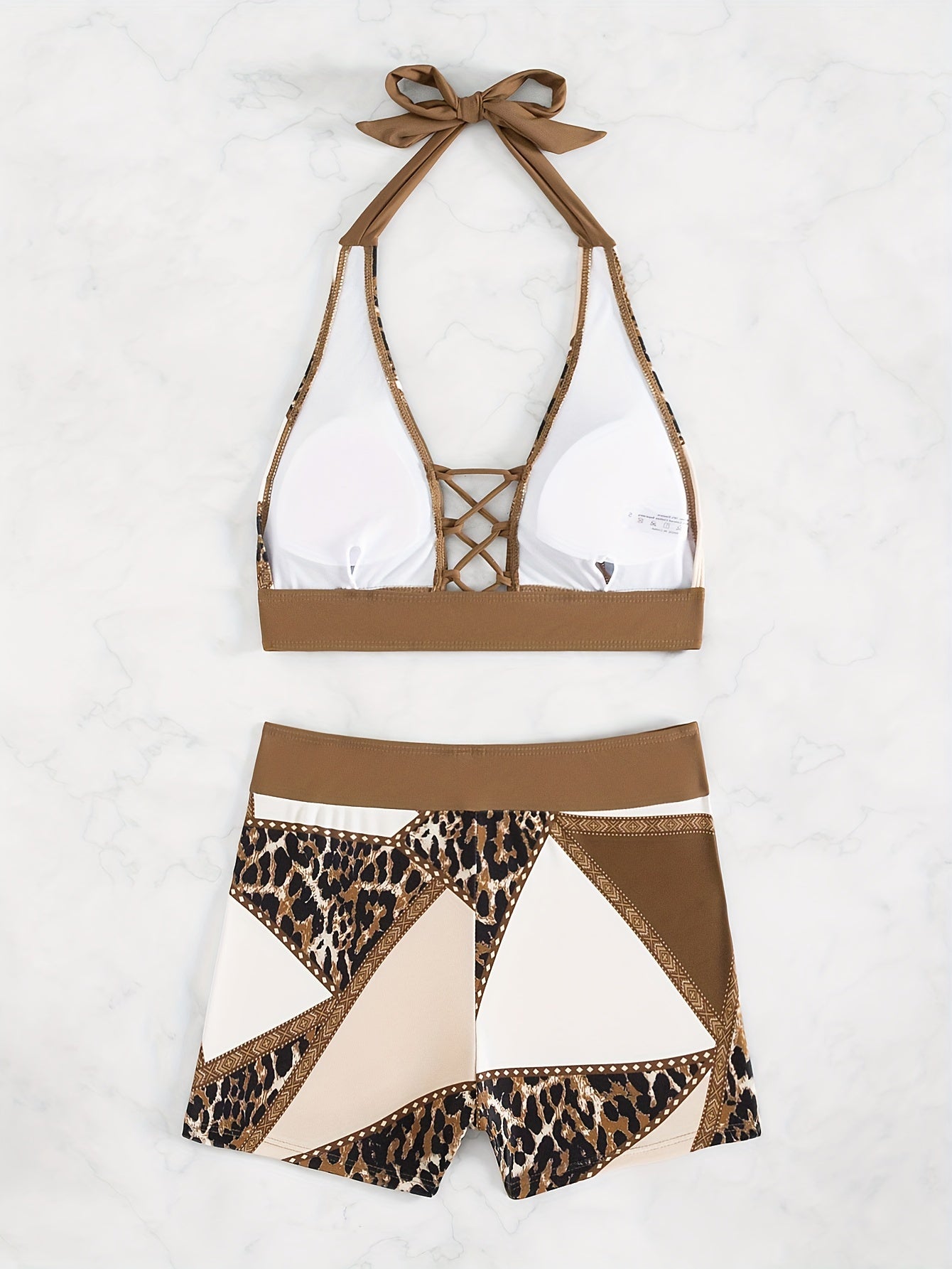 2 Piece Leopard Print Bikini Set, Criss Cross Straps Halter Neck Swimsuits with Boxer Short Bottom, Women's Swimwear & Clothing