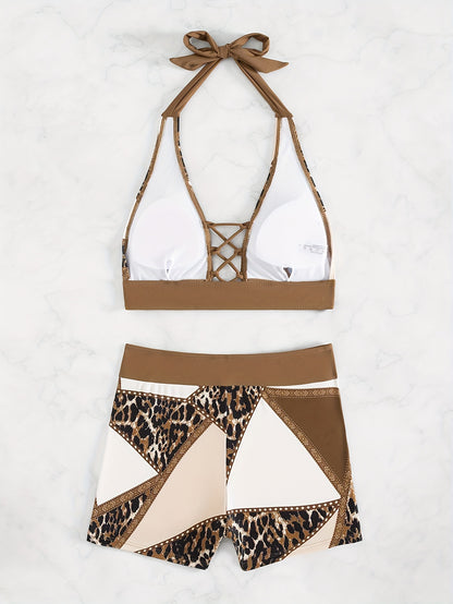 2 Piece Leopard Print Bikini Set, Criss Cross Straps Halter Neck Swimsuits with Boxer Short Bottom, Women's Swimwear & Clothing