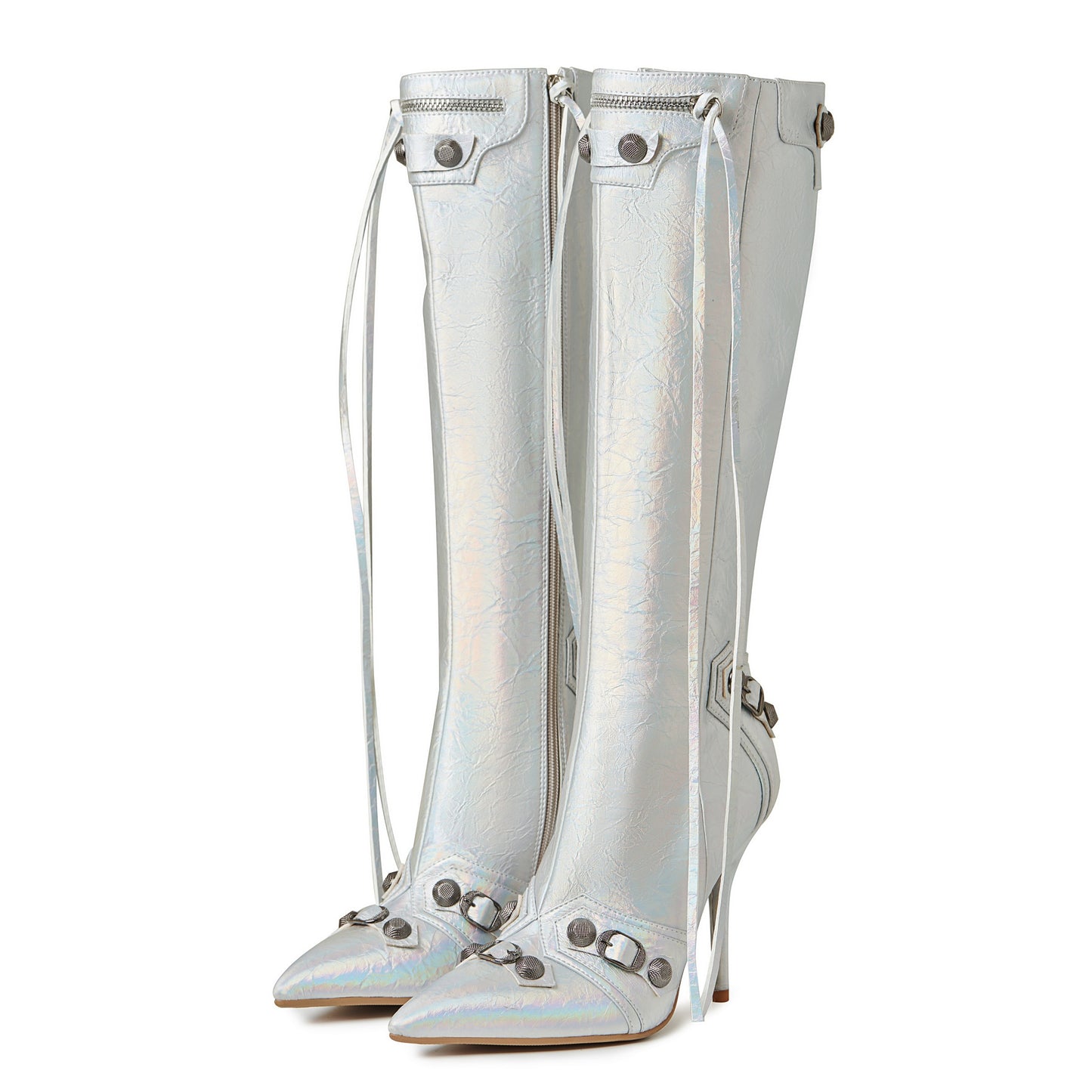 Punk Gothic Women Motorcycle Boots Pointed Toe Knee High Rivets Tassels Stilettos High Heels Sexy Party Nightclub Shoes Woman