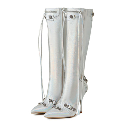 Punk Gothic Women Motorcycle Boots Pointed Toe Knee High Rivets Tassels Stilettos High Heels Sexy Party Nightclub Shoes Woman