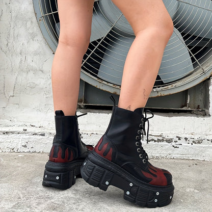 Halloween Women'S Flat Platform Ankle Boots Black High Heels Round Toe Thick Sole Mid Calf Booties Metal Decor Y2K Fashion Sports Shoes