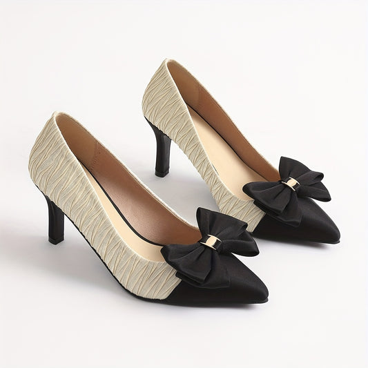 Women's Fashion Black Bow Small Pointed High Heels Comfortable Low Heel Casual All-match Spring and Autumn Single Shoes