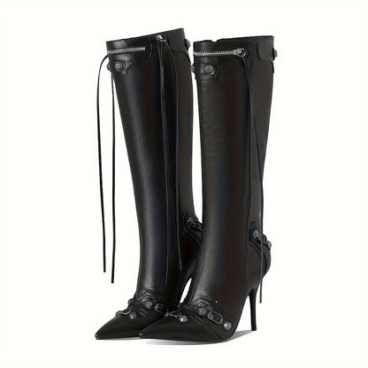 Punk Gothic Women Motorcycle Boots Pointed Toe Knee High Rivets Tassels Stilettos High Heels Sexy Party Nightclub Shoes Woman