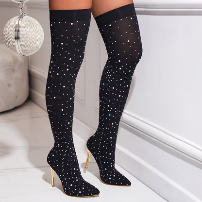 Women's Elastic Mesh Over-the-Knee Boots Elegant Rhinestone Decorated Pointed High-Top Thin Heels Party Fashion Tights Boots, Suitable for Dating, Dance, Nightclub, Valentine's Day