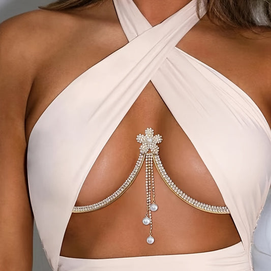 Trendy Floral Chest Chain Support Jewelry, Rhinestone Decor Silver Plated Tassel Chest Chain Bikini Chain Body Chain Jewelry Accessories For Women