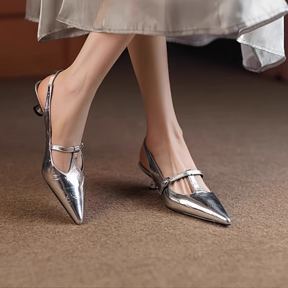 Women's Metallic Pointed-Toe Pumps - Mid-Height Heels with Faux Cover Upper & PVC Sole, Versatile for Work or Casual Wear