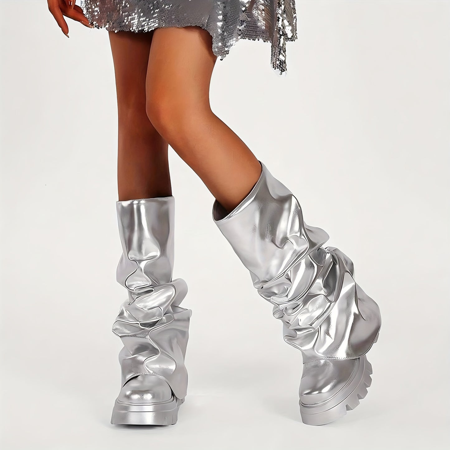 Women's Platform Knee High Boots Fashion Pleated Chunky High Heels Round Toe Fold Over Pull On Slouchy Shark Boots