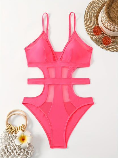 Solid Color Mesh Contrast Cut Out One Piece Swimsuit, V Neck Spaghetti Strap High Cut Stretchy Bathing Suits, Women's Swimwear & Clothing for Koningsdag/King's Day
