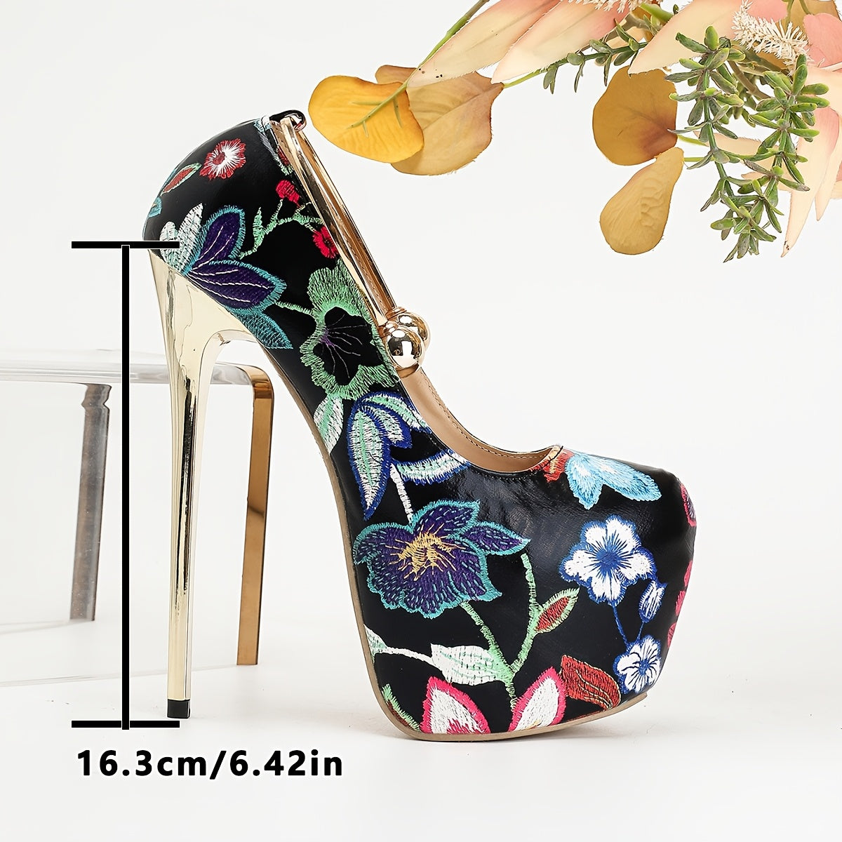 [1pc] Elegant Floral Print Stiletto Heels - Elegant Floral Print Mary-Jane Pumps with Metal Ankle Strap Detail, Lightweight, Round Toe Stiletto Heels, 17cm, with Sequin Embellishment, Rubber Sole - For Women - Suitable for Pa