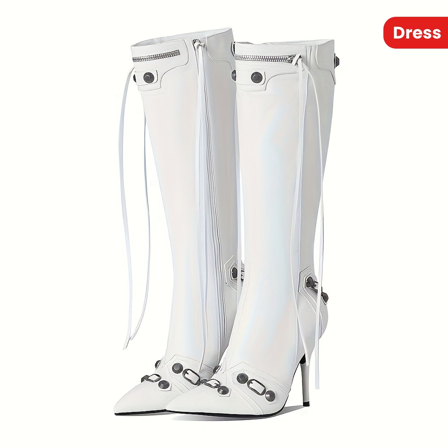 Punk Gothic Women Motorcycle Boots Pointed Toe Knee High Rivets Tassels Stilettos High Heels Sexy Party Nightclub Shoes Woman