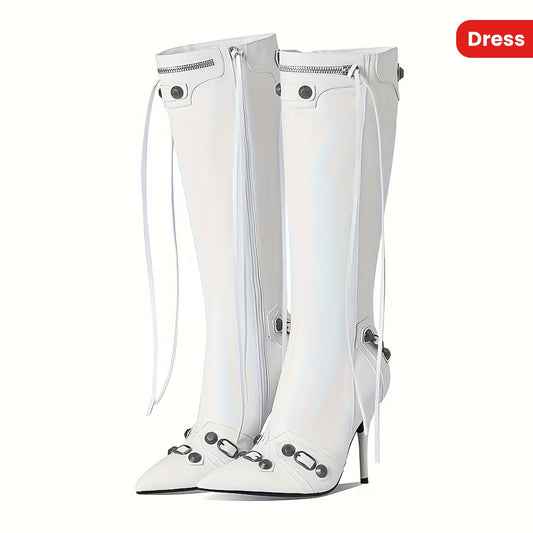 Punk Gothic Women Motorcycle Boots Pointed Toe Knee High Rivets Tassels Stilettos High Heels Sexy Party Nightclub Shoes Woman