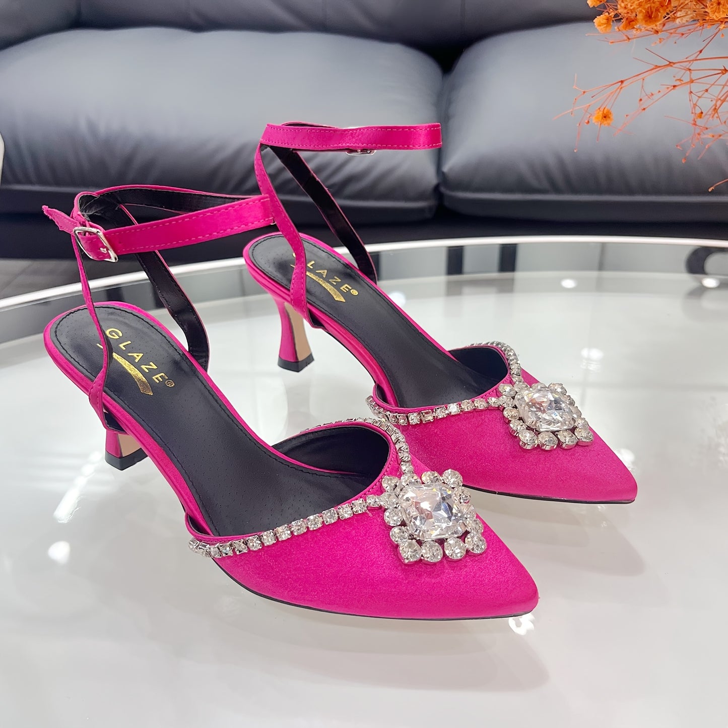 Women's Elegant Pink Satin High Heels with Rhinestone Embellishment, Ankle Strap & Pointed Toe - Perfect for Weddings, Parties & Formal Events, Elegant Event Shoes | Sophisticated Style | Heel Strap Sandals, Stiletto Heels