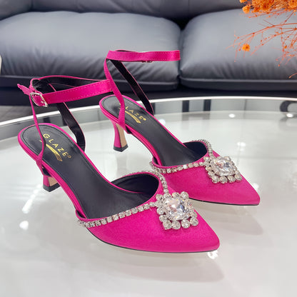 Women's Elegant Pink Satin High Heels with Rhinestone Embellishment, Ankle Strap & Pointed Toe - Perfect for Weddings, Parties & Formal Events, Elegant Event Shoes | Sophisticated Style | Heel Strap Sandals, Stiletto Heels