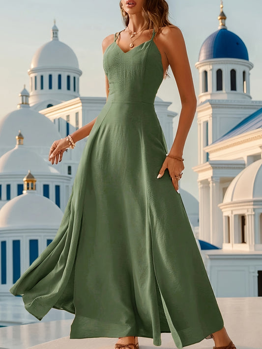Women's Elegant Olive Green Cross-Strap A-Line Dress with High Slit & Flowy Train - Lightweight Machine-Washable Summer Dress for Beach Weddings, Evening Events, LL169, Beach Wedding Dresses for Bride, Evening Event Attire, S