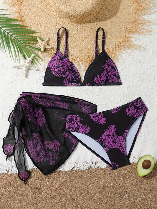 Trendy & Elegant Girls 3pcs Bikini Swimwear Set Comfy Bathing Suit Summer Clothes Beach