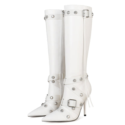 Stiletto Boots For Women, Knee High Boots Pointy Toe High Heels, Side Zipper Bucke Revets Tassel Boots, Ladies Dressy Party Boots