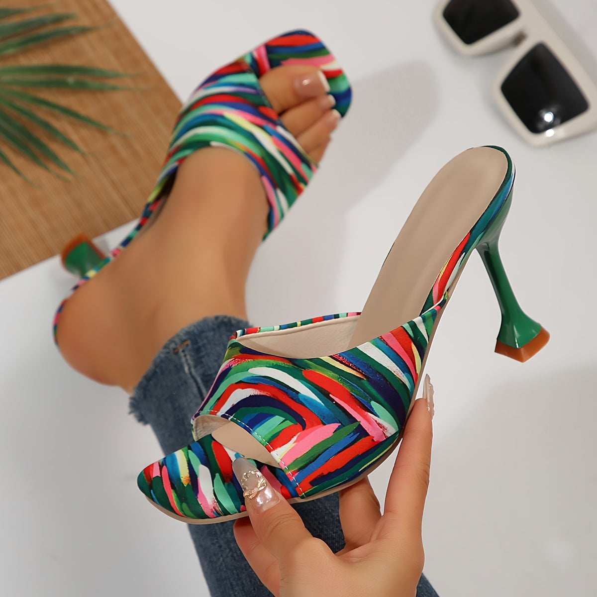 [Durable Build] Women's Square Toe Stiletto Sandals - Zebra Print & Multicolor Pattern, Open Toe High Heels with Faux Cover Inner Lining and Rubber Sole, Elegant Slip-On Dress Shoes for Parties and Events, Summer Shoes | Squa