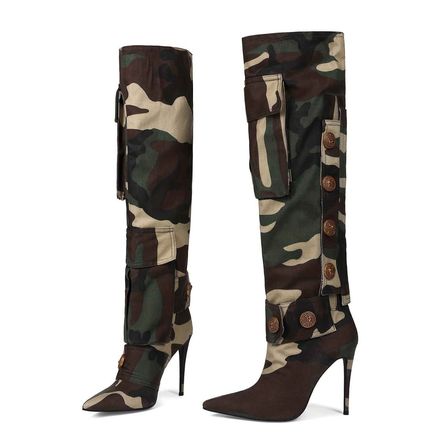 Women Tried Knee-high Boots Pointed High Heels Asymmetrical Camouflage Willow Nails Fashion Locomotive Sexy Banquet Stilettos Mandarin Duck Shoes