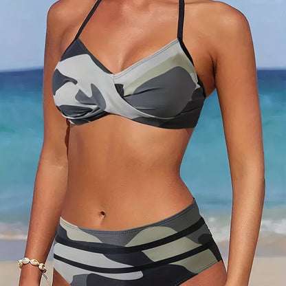 Vibrant Camo Print Two-Piece Bikini Set - Halter V Neck, Backless, High Cut, Ruched Detailing, Comfortable Swimwear for Women - Perfect for Summer Beach, Pool, or Vacation