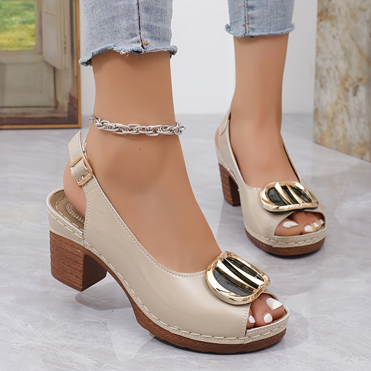 1 Pair Fashion Summer Sandals for Women, Solid Color Open Toe Block Heel Pumps with Buckle Closure, PU Upper/Inner/Sole/Insole, Versatile One-Strap High Heels for Dresses