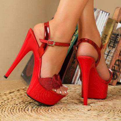 Elegant Women's Red Platform Sandals with Floral Embellishment - Sexy Open Toe, High Stiletto Heels, Waterproof, Faux Cover Ankle Strap - Perfect for Catwalk & Parties, Ladies Sandals