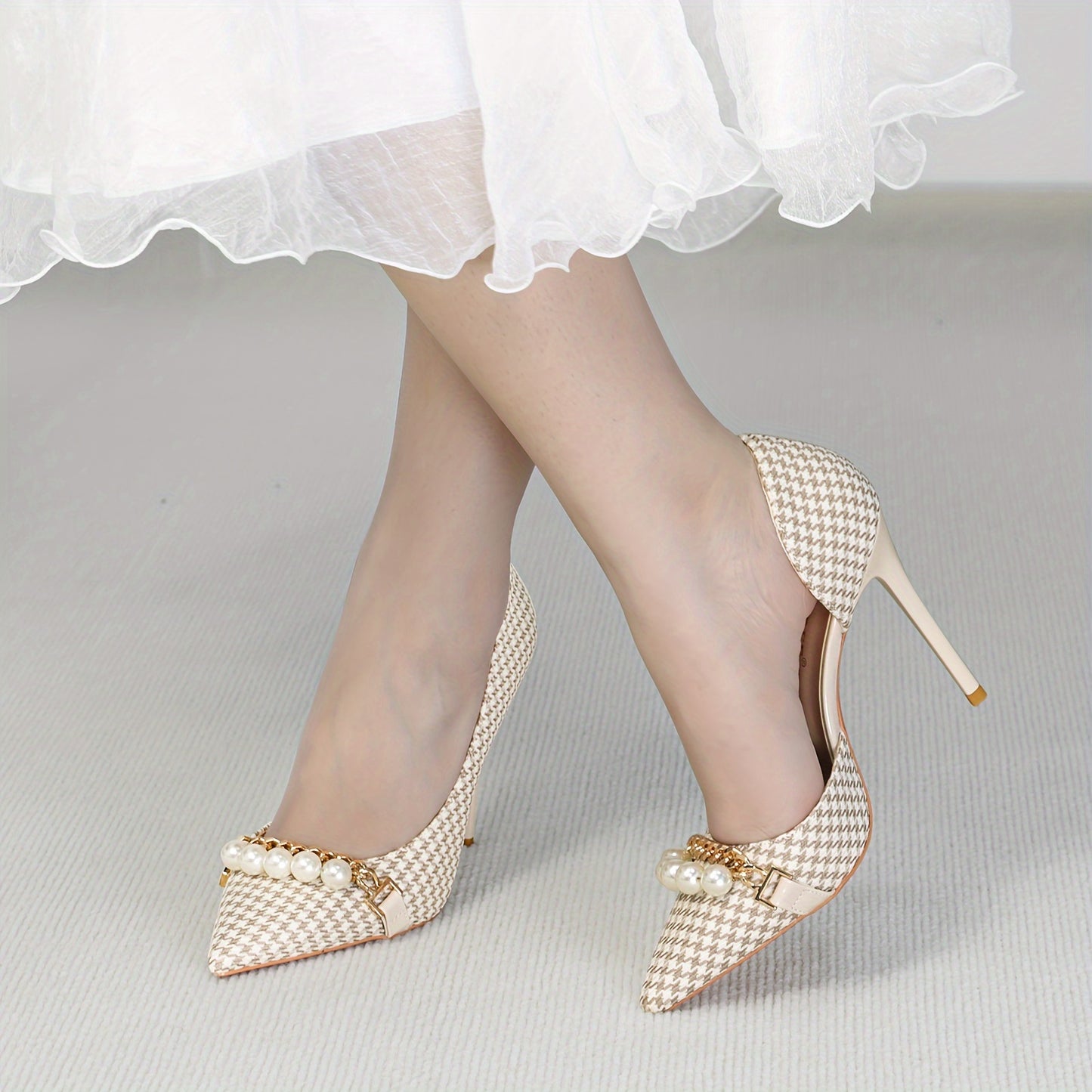 [Perfect Heel for Modern Woman] Womens Elegant Stiletto Heels, Thousand bird plaid pattern pattern collocation Dazzling Faux Pearl and metal Chain Decor, Wedding Evening Dress Office Party Dating Shoes, sleek pointed toe, eye