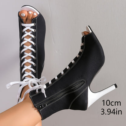 Women's Black Ankle Boots with Lace-Up Closure, High Stiletto Heels & Peep Toe Design - Summer Fashion Shoes for Stylish Occasions, Chic Daywear Boots | Laceup Boots | Fabric Upper Boots, High Heel Boots