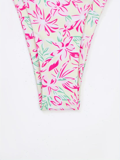 2 Piece Tie Side Halter Neck Bikini Swimsuit - High Stretch Polyester, Lace Up, Triangle Spaghetti Straps, Sexy & Cute, Machine Washable, Random Floral Print, Knit Fabric, Womens Swimwear & Clothing