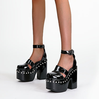 Summer Women'S with Thick Heels, Waterproof Platform, Rivet Design, Open-Toe, And Hollow Strap in Larger Sizes.