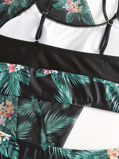 Tropical Elegance: High-Stretch 3-Piece Bikini Set with Crew Neck Cover-Up, Perfect for Casual Chic