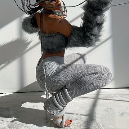 Strappy High Heels Gladiator Sandals - Grey Jersey Knit Fallopian Cloth Rope Lace Up Sexy Open Toe Square Stilettos Tie Up Heeled Sandals - For Women US Size 6-12 - Perfect for Parties & Night Out