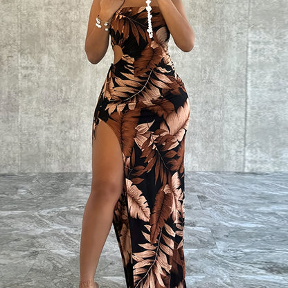 [Trendy Tropical Dress] Trendy Strapless Tropical Print Dress | With Side Cut-Outs And High Slit - Sexy Summer Dress for Parties And Special Occasions
